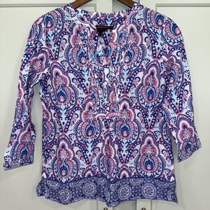 Talbots Womens XS‎ Rainbow Paisley Cotton Button Popover Shirt 3/4 Sleeve Pink